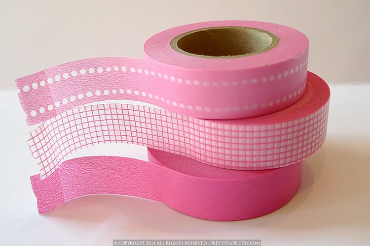 Japanese PINK Washi Tape- Pink Dot Grid Solid - Set of 3 from PrettyTape 147ft total