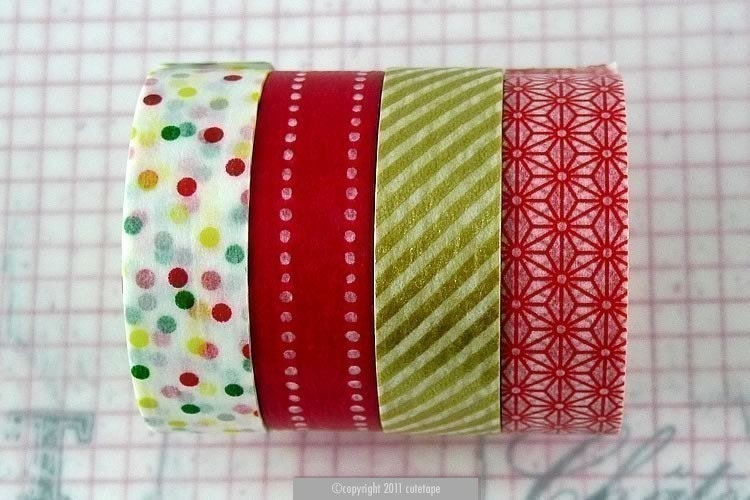 Japanese Washi Tape PrettyTape ReMIX mt Masking Tape - Polka, Dots, Red Gold Set of 4 Great for Christmas Decorations