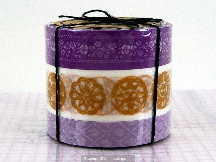 Japanese Masking Tape NEW - Floral Antique Button Pattern Set of 3 PURPLE