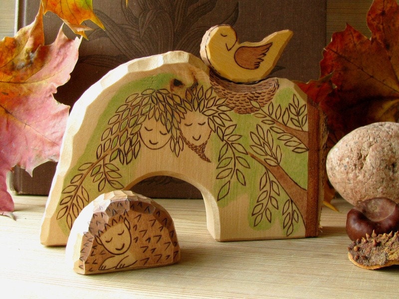 Wooden waldorf  toy - Dryad tree with hedgehog and bird