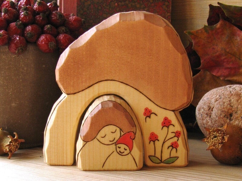 GNOME HOME  -  mushroom house with mom and baby gnomes - waldorf wooden toy