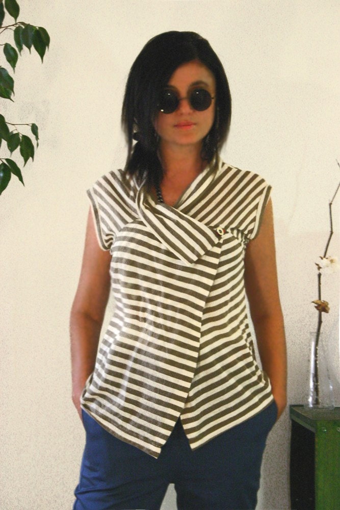 SALE 30% WRAP asymmetrical top in beige strips