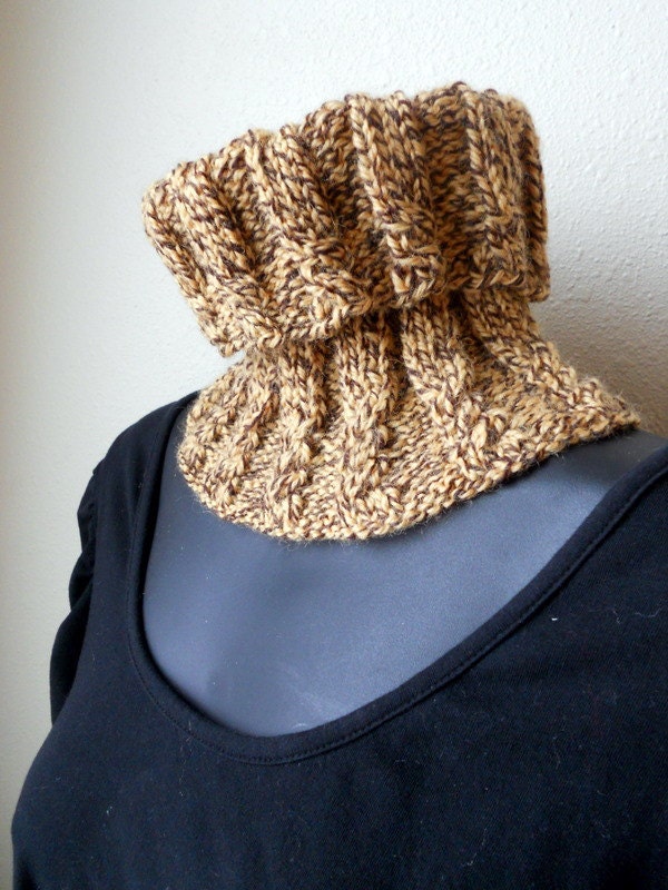 Cable Knit Cowl, Hand Dyed Wool , Circle Scarf, Brown Mix