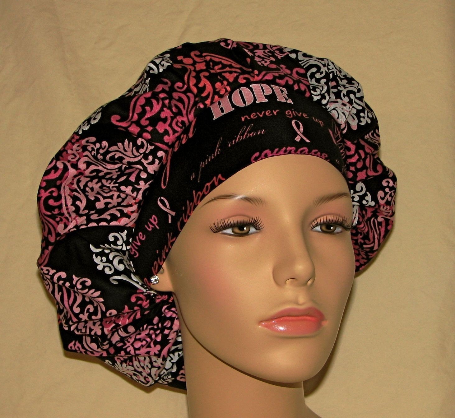 Bouffant Scrub Hat - Pink Ribbons Damask On Black Fight Like A Girl Headband