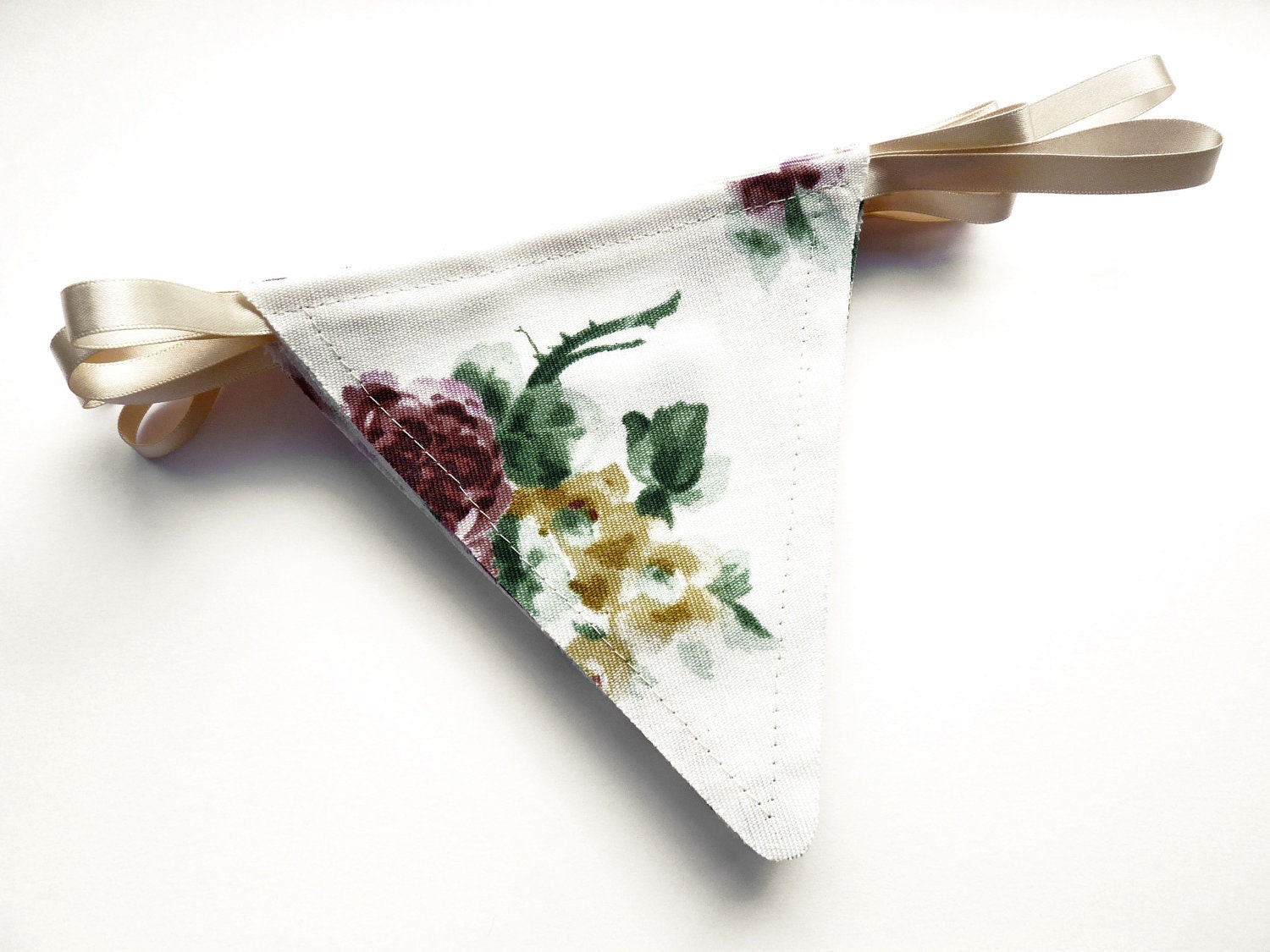 Cream Floral Fabric Bunting with Pink and Yellow Flowers on Ribbon - Wedding Deoration / Summer Party Decor (2.8 Meters/9.1 Feet)