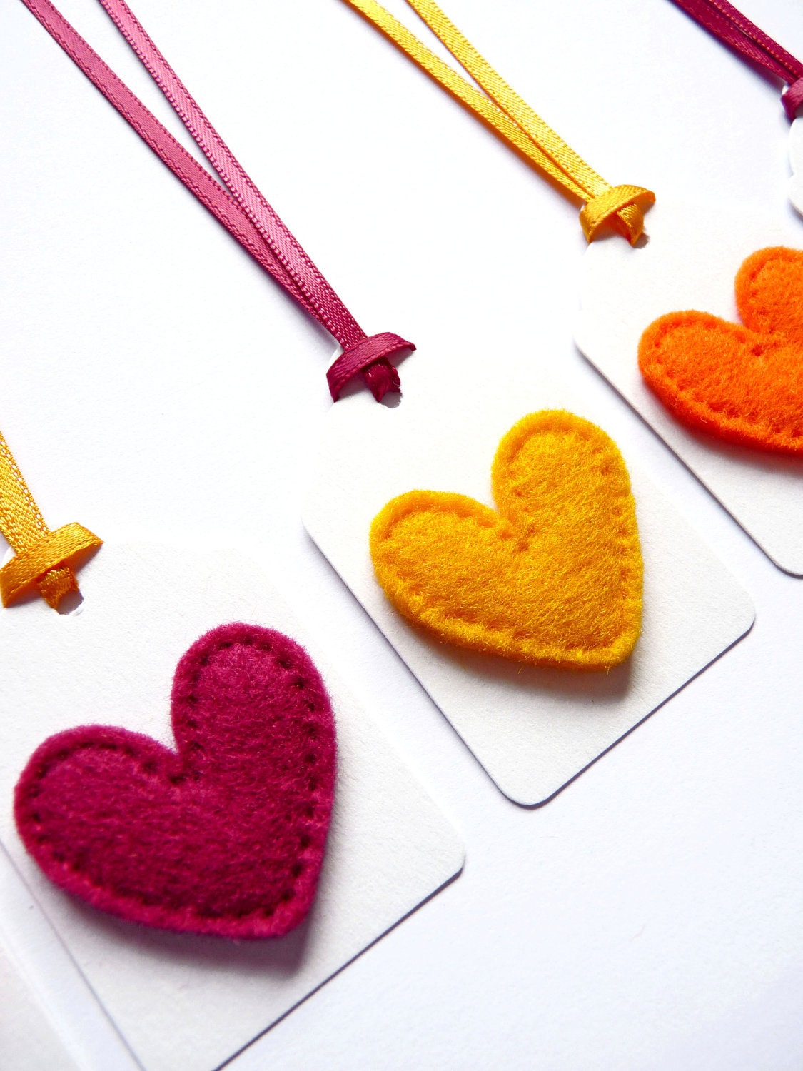 Felt Heart Christmas Gift Tags / Name Tags with Satin Ribbon Ties in Pink, Yellow & Orange (Set of 6)