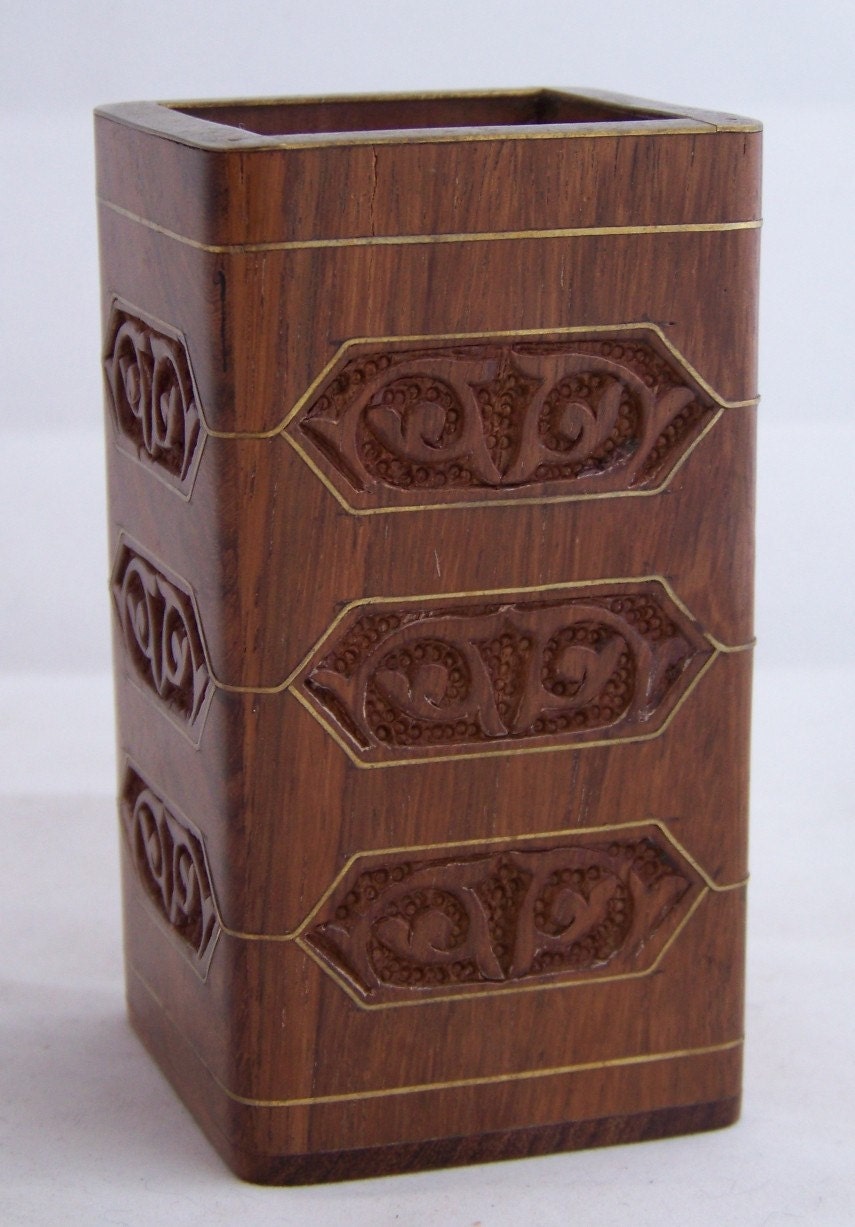 Hand Carved Vintage Wooden Pencil and Pen Holder with Embedded Brass Metal Detail