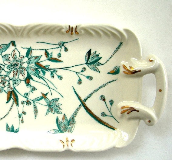Mint Floral Hand painted Porcelain Tray -Turquoise and Gold, One of a Kind  Gift Under 100 - ShebboDesign