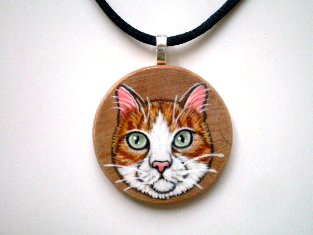 Cat Jewelry - Orange Cat Necklace,  Hand Painted  Wood  pendant ,   gift under 50 for pet lovers, cat lovers