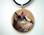 Calico Cat Necklace,  Hand Painted  Wood  pendant ,   gift under 50 for pet lovers, cat lovers