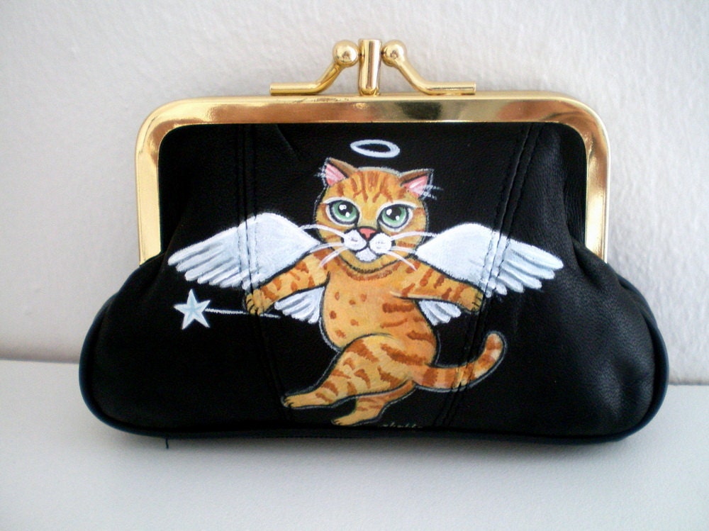 Cat Purse - Hand Painted  Black Leather Mini Purse -  Ginger cat wallet