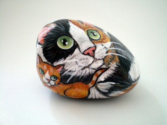 Mother Calico Cat  Rock and her ginger kitty baby, Stone Art Decor,  for pet lovers cat lovers, collectibles