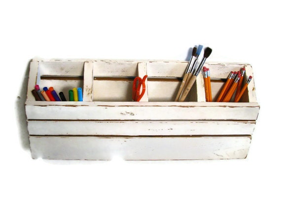 Shabby Chic Desk or Wall Caddy Organizer for home office or art supplies, Vintage looking, Distressed, Pottery Barn style