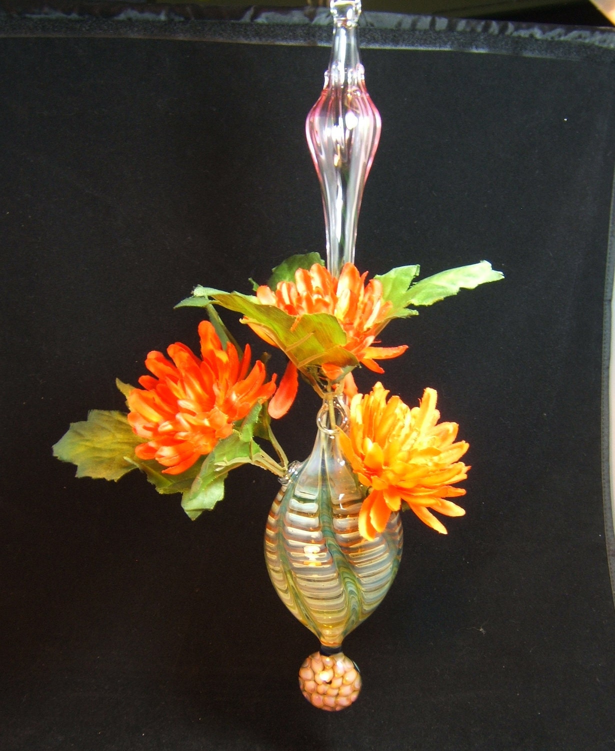 Blown Glass Hanging Vase...13" Tall...Green and Amber with hanging medallion