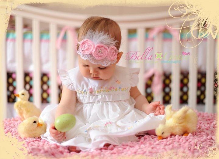 Boutique Couture Rosette Headband...THE PEYTON... Pink Flowers Swarovski Crystals Lace and Feathers on Pink Skinny Band