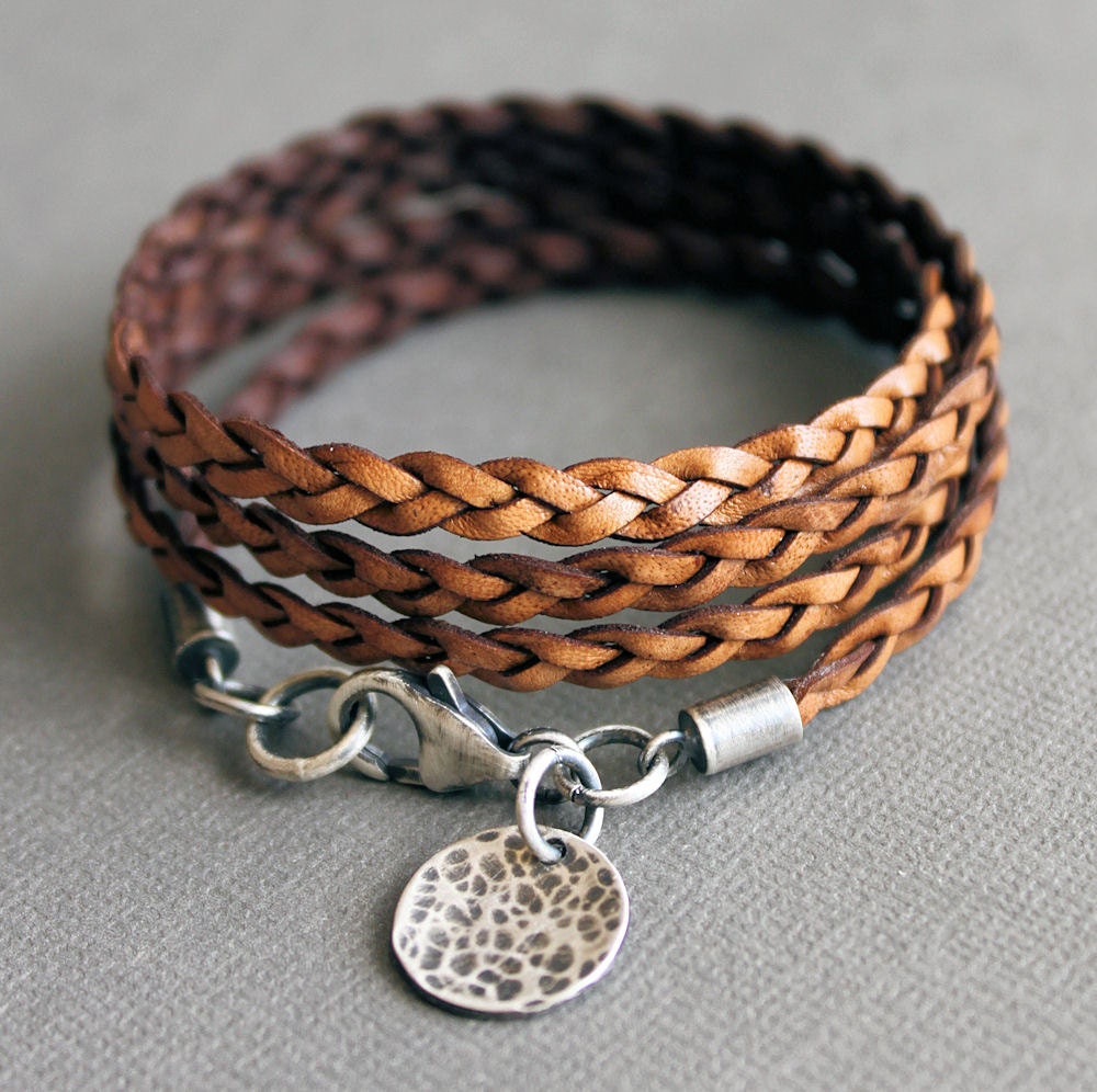 Leather Wrap Bracelet Brown Thin Flat Braid Sterling Silver Charm
