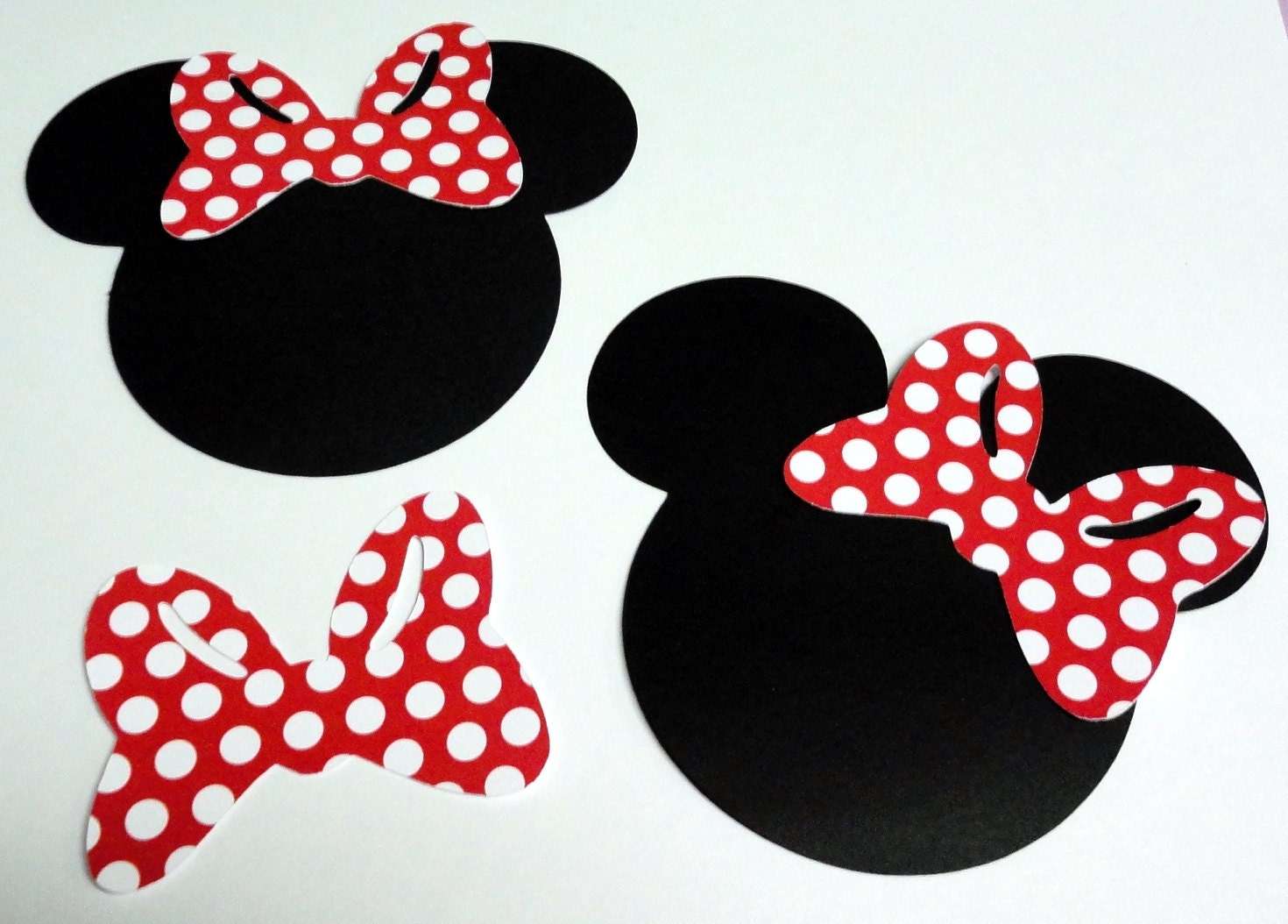 50 5" Minnie Mouse Head Silhouettes Black Cutouts COLOR Choice RED or PINK and White Polka Dot Bows Not Attached Die Cut
