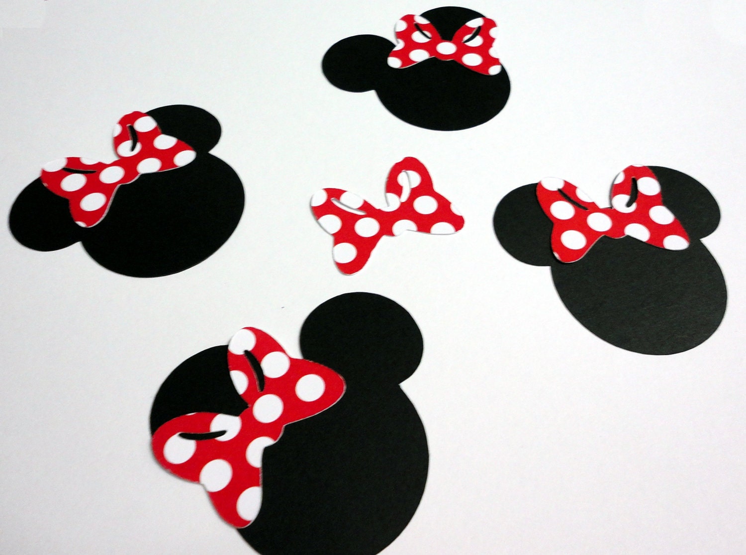 50 - 2.5" Minnie Mouse Head Silhouettes Black Cutouts COLOR Choice RED or PINK and White Polka Dot Bows Not Attached Die Cut