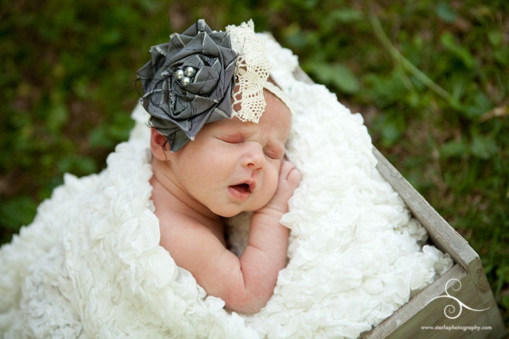 POSH Couture Silk and Lace Fabric Flower Rosette headband - Gray Beige Cream Ivory - (Custom Order) - Photography Prop - Wedding