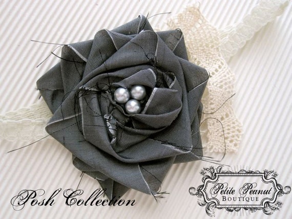 POSH Couture Silk and Lace Fabric Flower Rosette headband - Gray Beige Cream Ivory - (Custom Order) - Photography Prop - Wedding