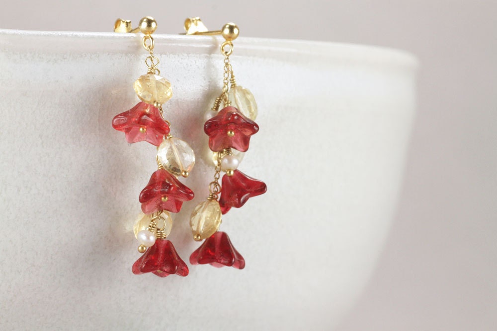 cascade earrings with glass flowers, citrine, and pearl . valencia