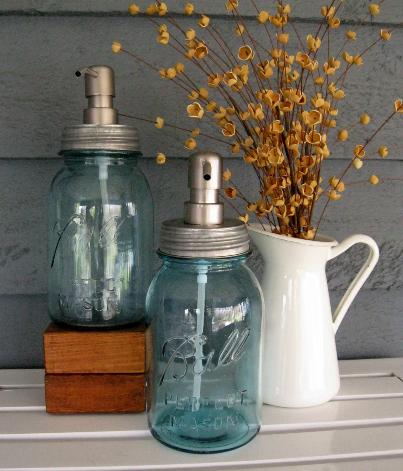 Blue Mason Jar Quart Soap Dispenser with Stainless Steel Pump