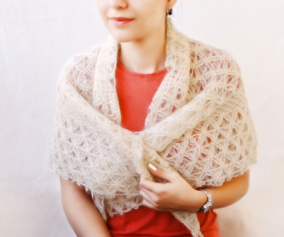 My Grandmother's Bridal Shawl (Vintage cream crochet square wool shawl)