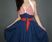 Sailor Dress Retro Rockabilly Pinup Nautical Halter Swing Dress and Belt Custom Size Plus Size