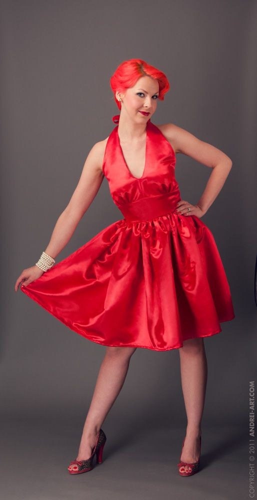 Halter Swing Dress Pin up Retro Rockabilly Pinup Red White or Black Satin or Cotton Custom Size Made to Measure Plus