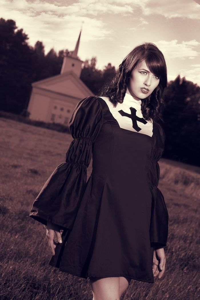 Gothic Lolita Aline Dress Black Goth Nun Dress Custom Made to Measure Plus size