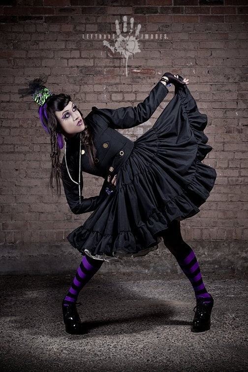 Steampunk  Lolita Gothic Black Military Dress with Full Ruffled Skirt & Gears Custom Size