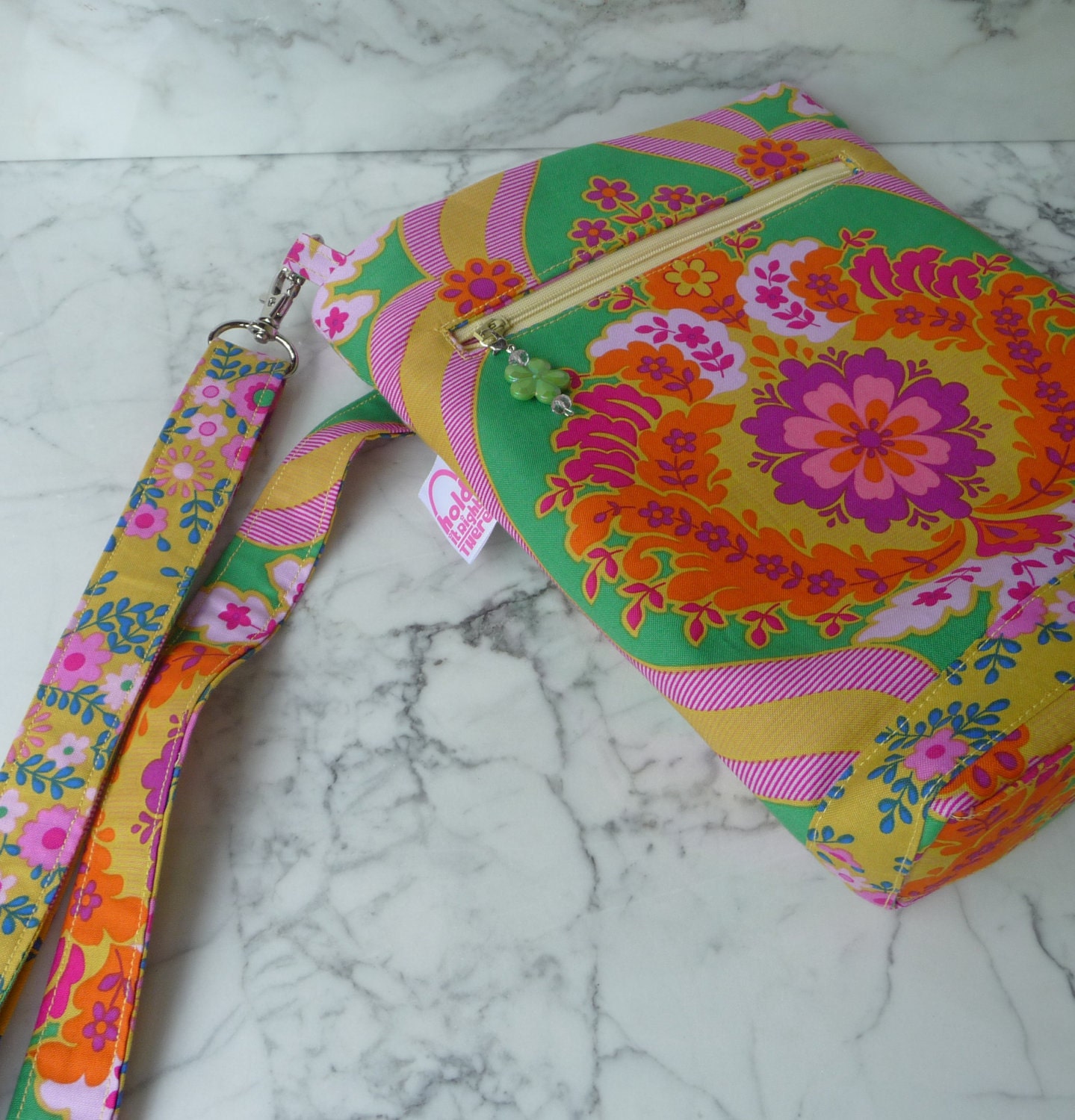 CROSS BODY HIPSTER Purse in Jennifer Paganelli's Crazy Love Print with Adjustable Strap Zippered Pocket and Flower Zipper Pulls