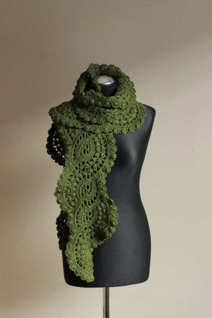 Crocheted lace scarf in forest green