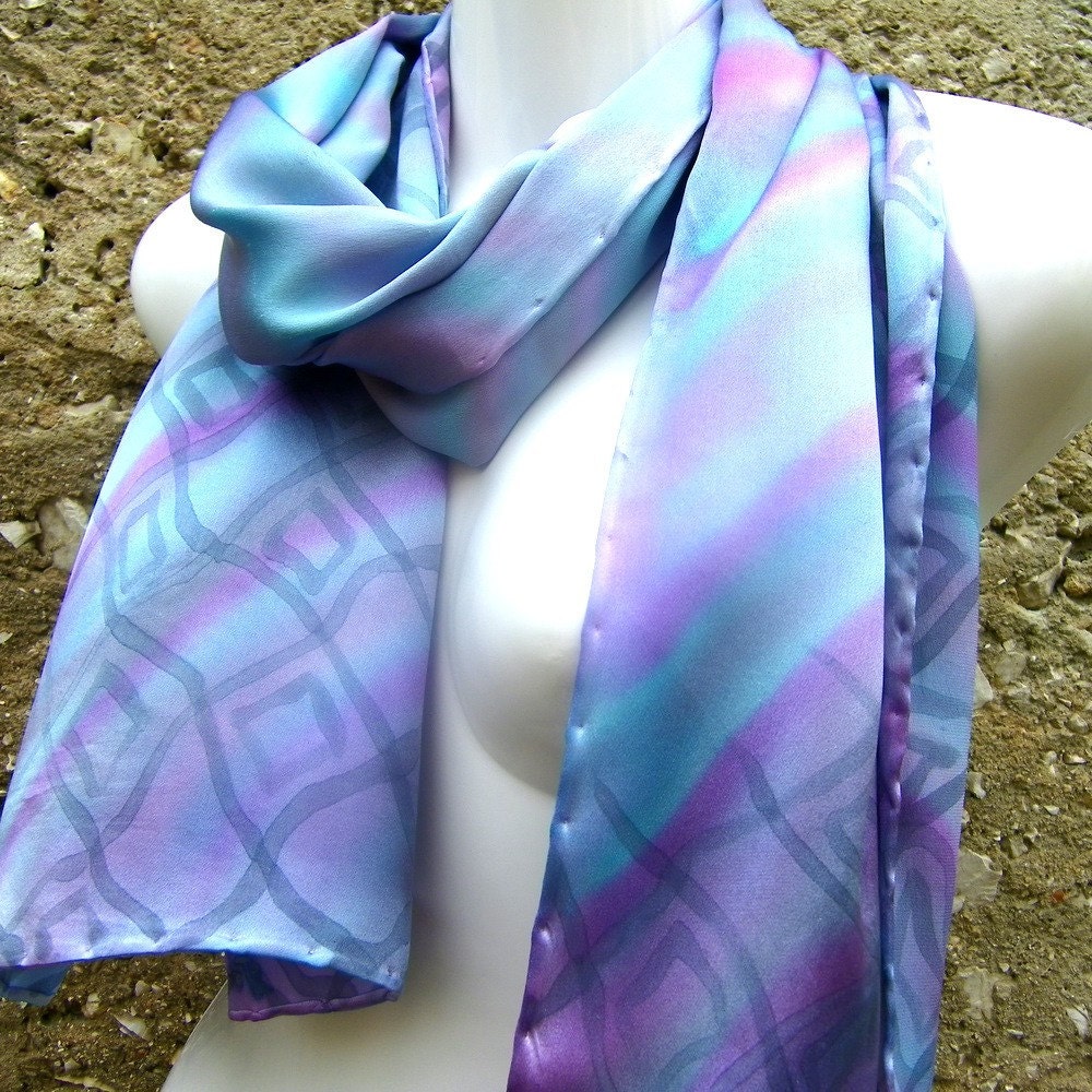 Hand Painted Silk Scarf Pastel Satin Light Blue Purple Grey Stripes And Squares