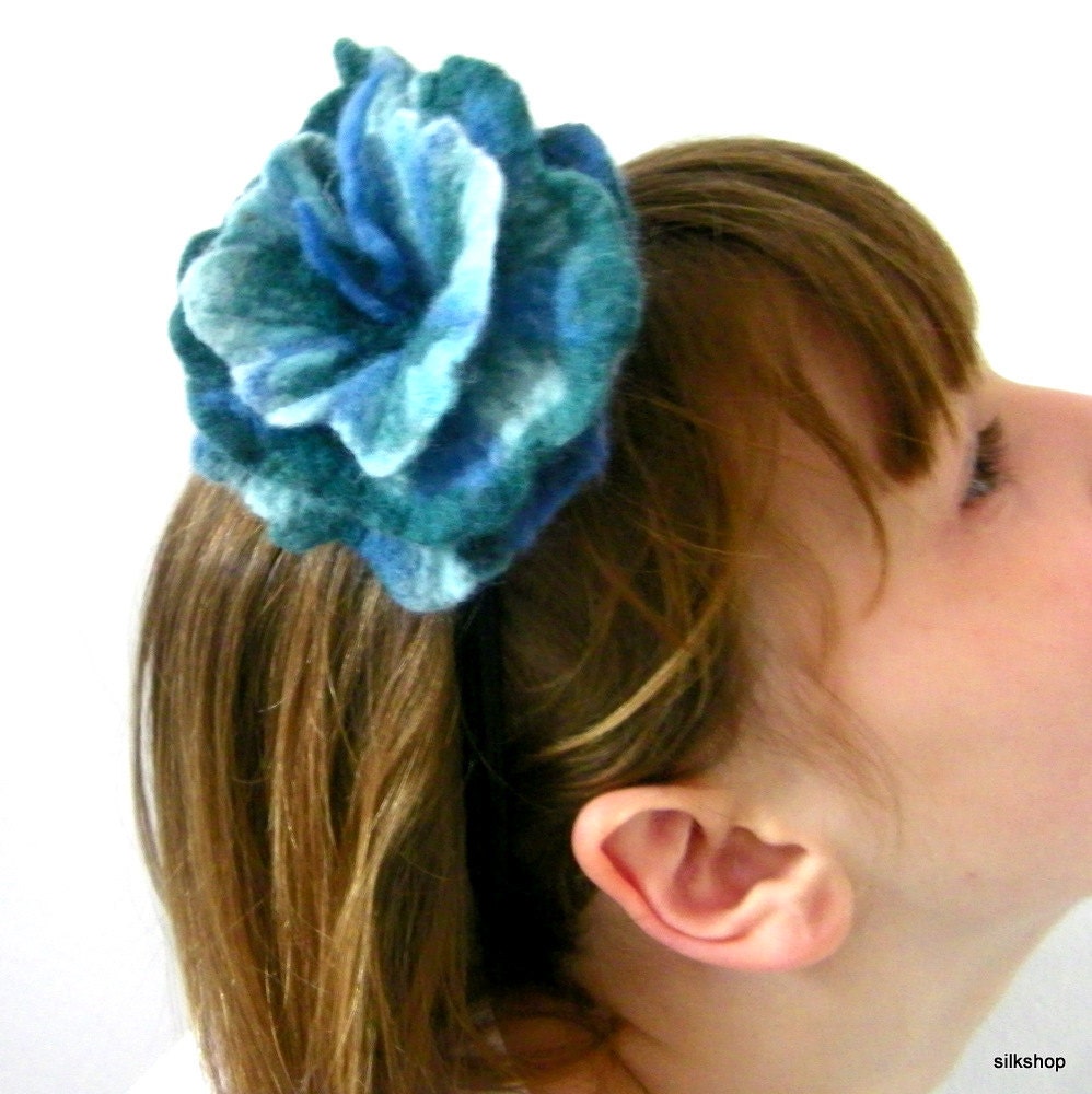 Hand Felt Flower Blue Green Teal Turquoise Elastic Headband Floral Hair Accessory