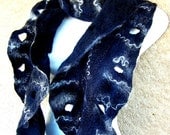 Felted Scarf Ruffle Black White With Holes Wavy Merino Wool Boho Style