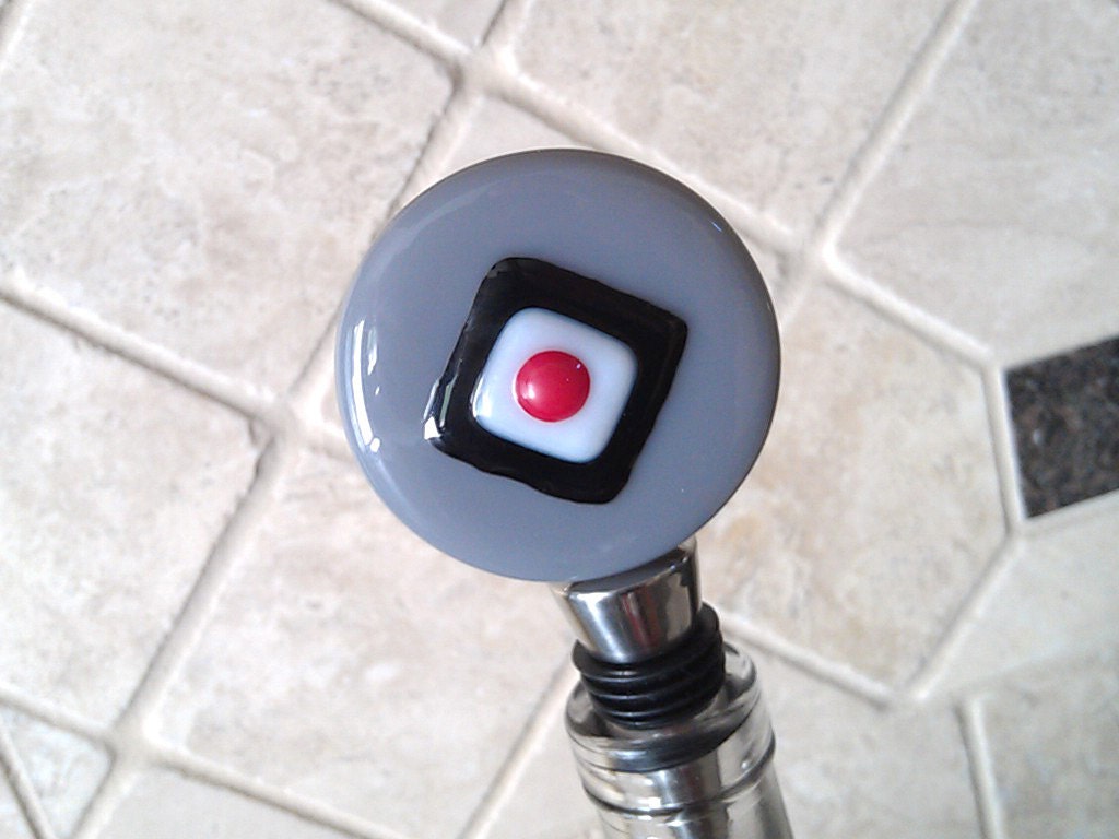 Wine Bottle Stopper - Titanium Gray Black White Red - Fused Glass Large