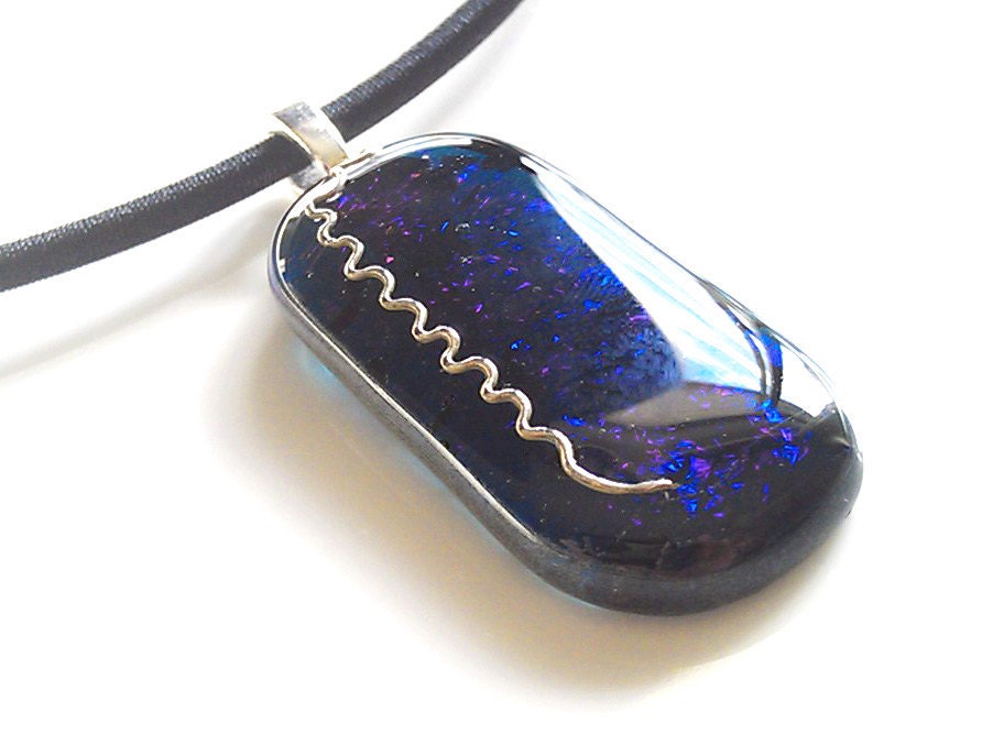 Cobalt Blue Dichroic Pendant Necklace with Fine Silver Accent