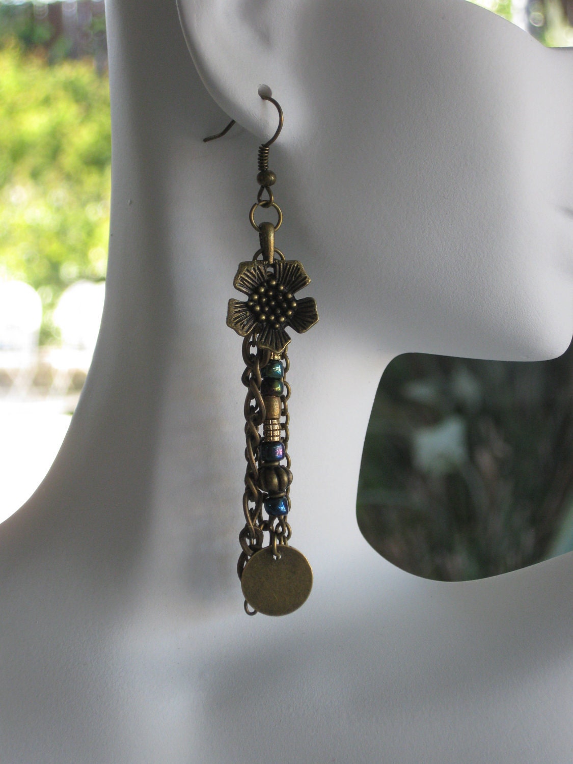 Long Chain, Beaded Earrings, Brass Earrings, Glass Bead, Flower, Metal Earrings, Bead Earrings, Handmade Earrings