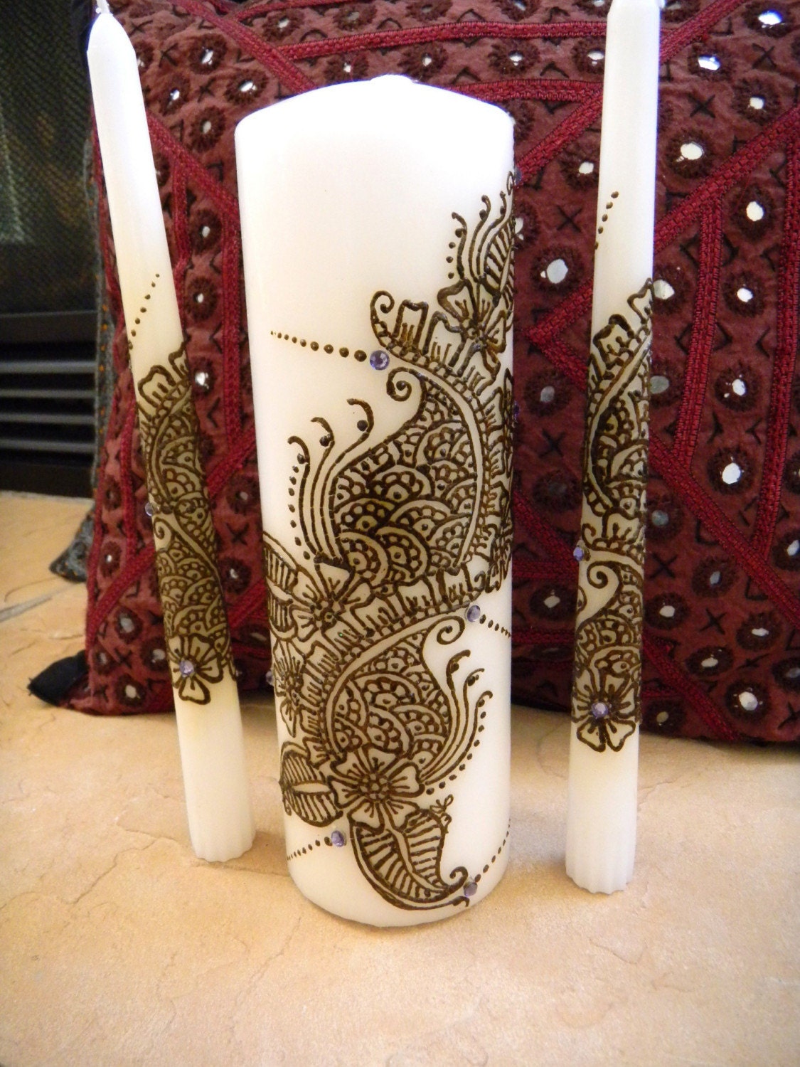 Unity Candle Set with Henna- Henna Candles with Swarowski crystals - OOAK - Unique