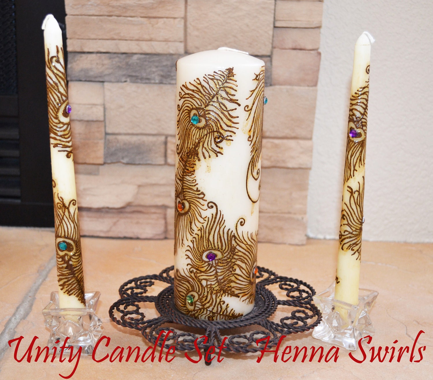 Peacock Unity Henna Candle Set, Original, Wedding Centerpiece, Global Henna Art