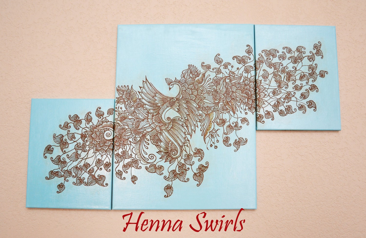 Peacock Painting, Mixed Media Acrylic Henna Painting - OOAK- Unique Global Henna Art