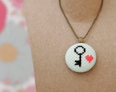 Heart and Key Cross Stitch Pendant Necklace