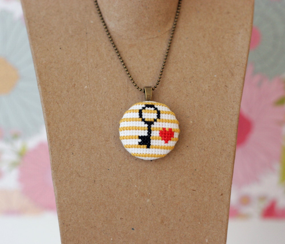 Heart and Key Cross Stitch Pendant Necklace