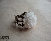 CRISP LINEN - Adjustable Filigree Brass Ring with White Flower Cabochon White Cotton Snow Feminine Gift For Her