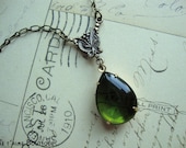 HEIRLOOM - Vintage Estate Style Necklace In Antiqued Brass With Olive Green Glass Jewel Swarovski Crystal Teardrop Pear Shaped Gift For Her