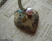 TENDERNESS - Romance Heart Locket Necklace Antiqued Brass Pink Swarovski Pearl Glass Flower Crystal Valentines Day Love