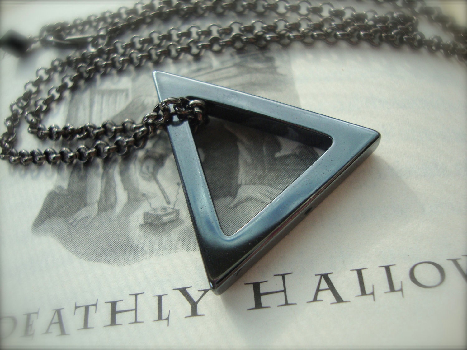 CLOAK of INVISIBILITY - Unisex Wizard Inspired Deathly Hallows Necklace Black Hematite Triangle Three Peverell Brothers Guy Man Dude