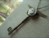 THE FLYING KEY - Wizarding Inspired Steampunk Skeleton Key Necklace with Vintage Watch Movement Sorcerers Stone