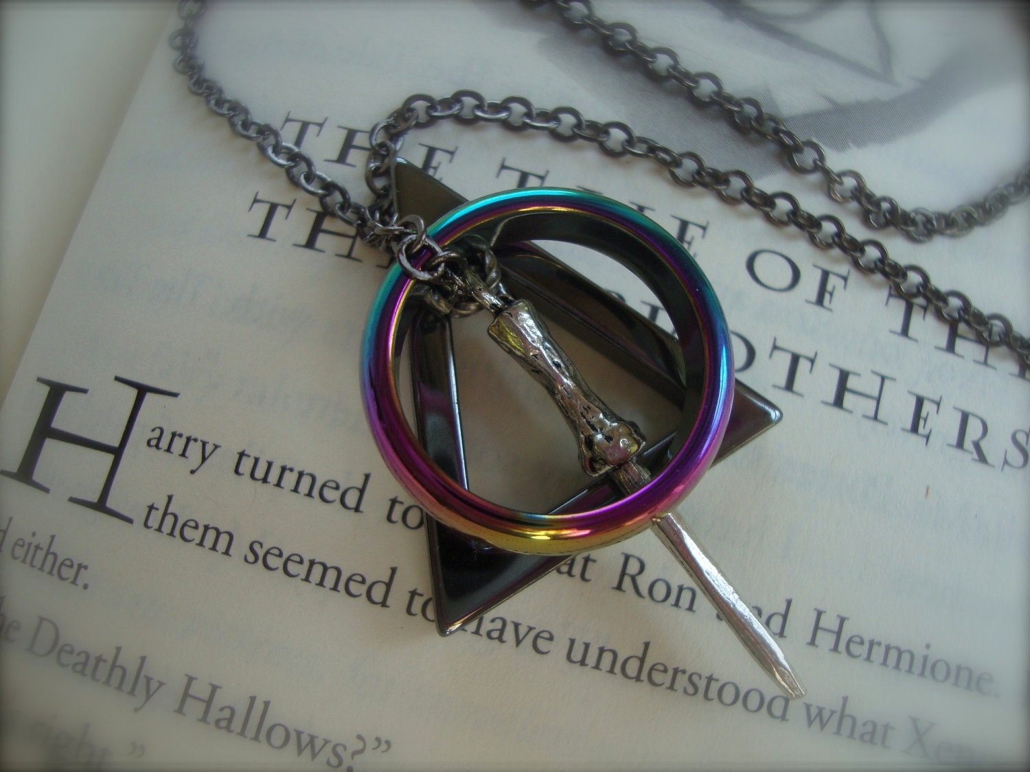 DEATHLY HALLOWS III - Unisex Wizard Inspired Deathly Hallows Necklace With Iridescent Hematite Ring Gunmetal Three Peverell Brothers